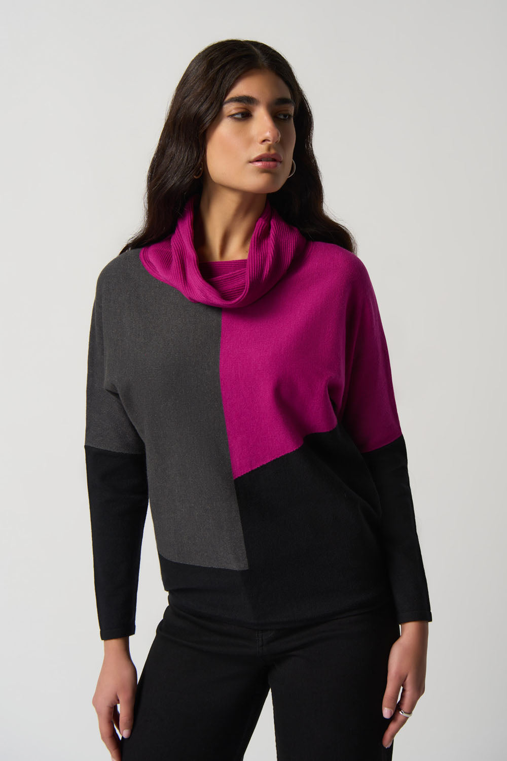 Joseph Ribkoff Opulence/Grey/Black Colour-Block Cowl Neck Sweater Style 233954