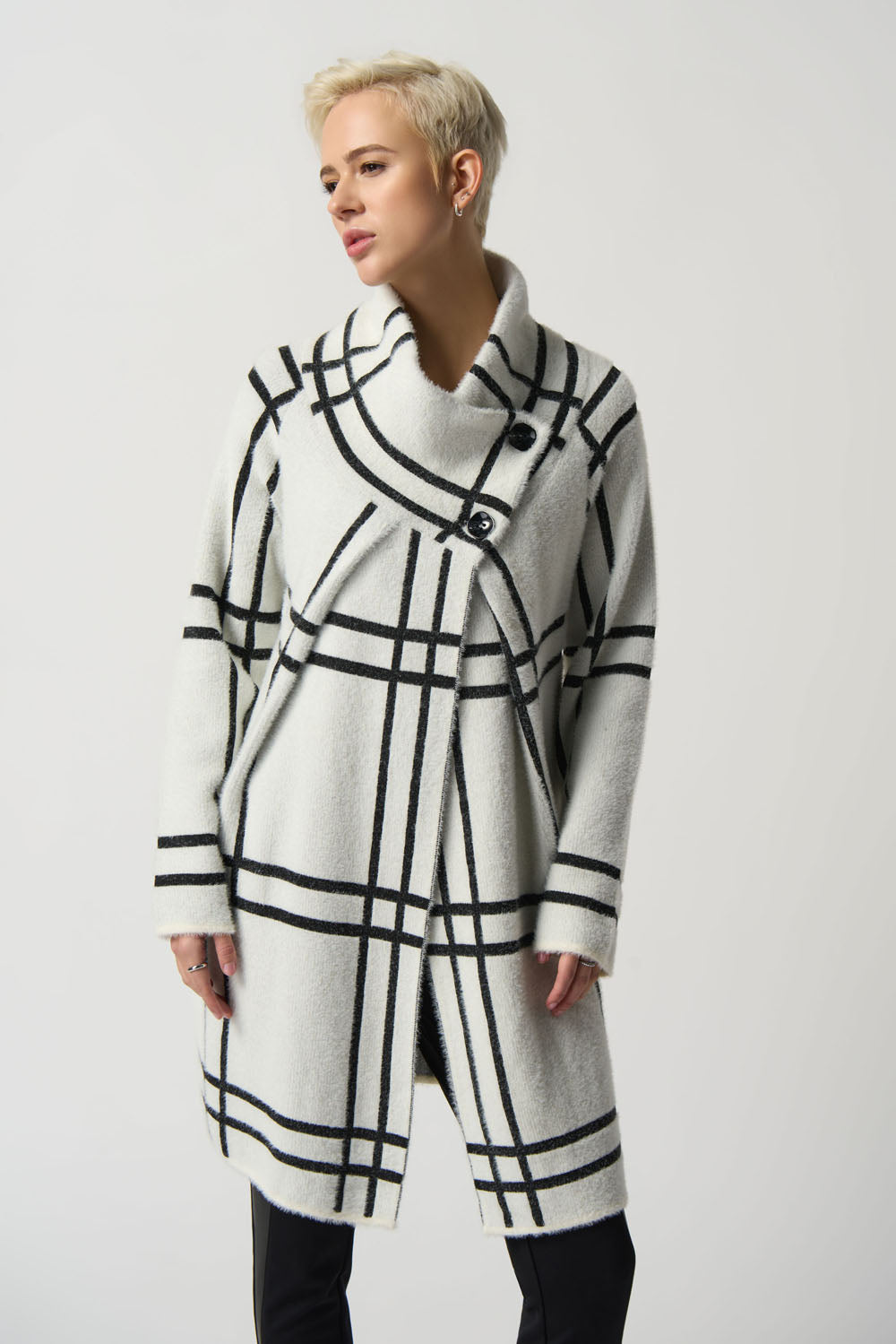 Joseph Ribkoff Vanilla/Black Overlap Collar Coat Style 233958