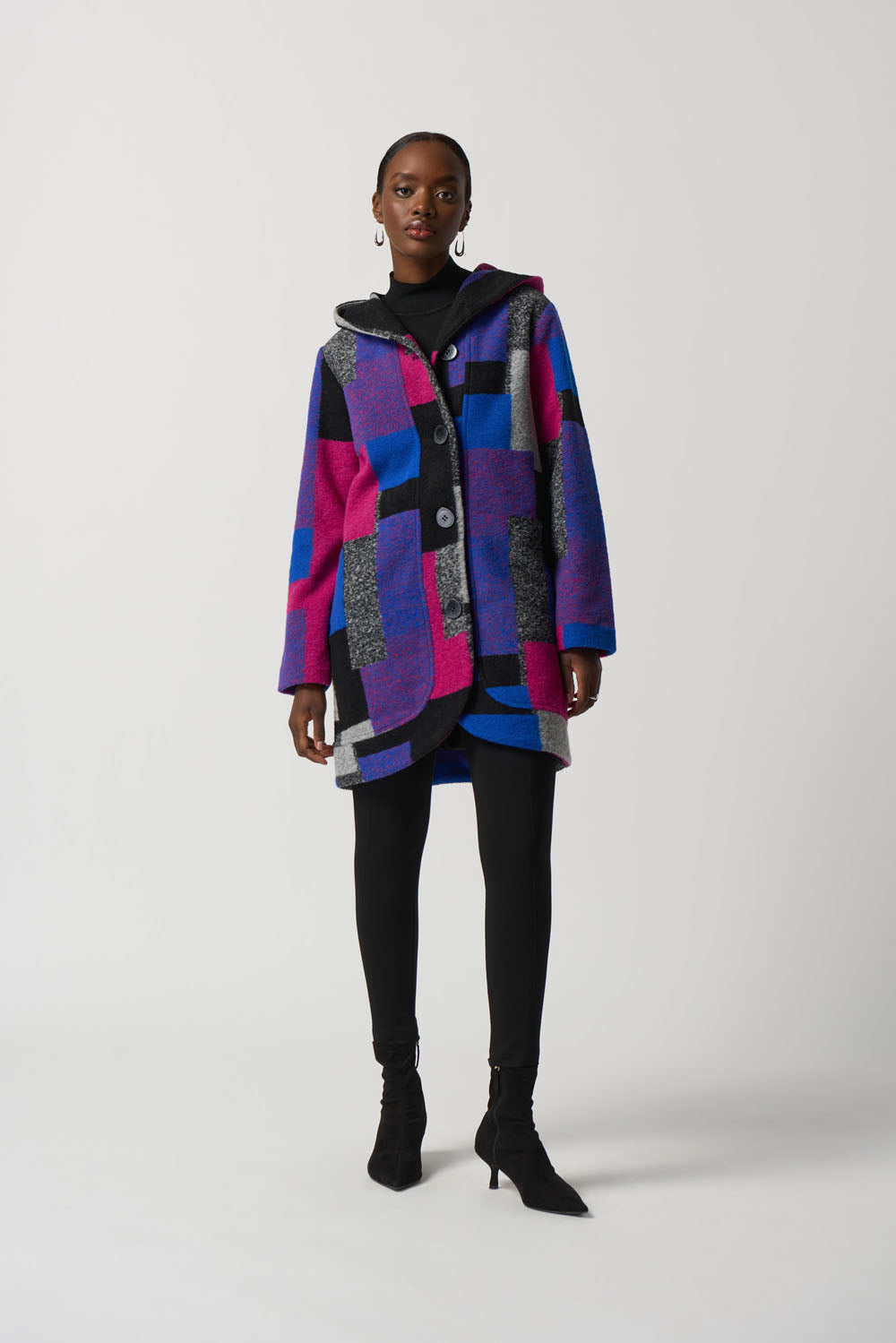 Joseph Ribkoff Multicolor Geometric Print Hooded Coat Style 233961