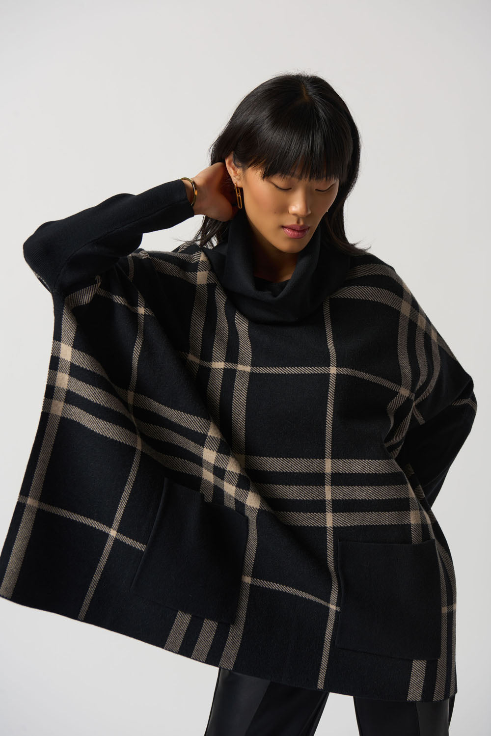 Joseph Ribkoff Black/Oatmeal Cowl Neck Plaid Poncho Style 233965