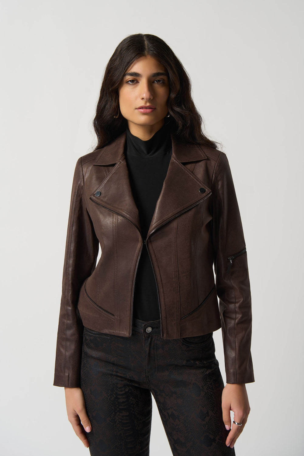 Joseph Ribkoff Mocha Faux Suede Moto Jacket Style 233969