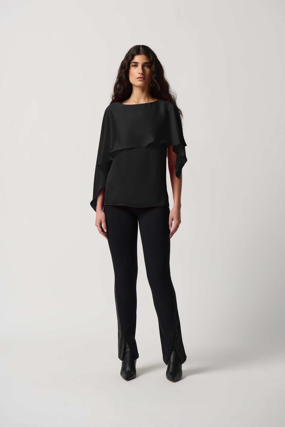 Joseph Ribkoff Black Satin Layered Top With Boat Neck Style 234023