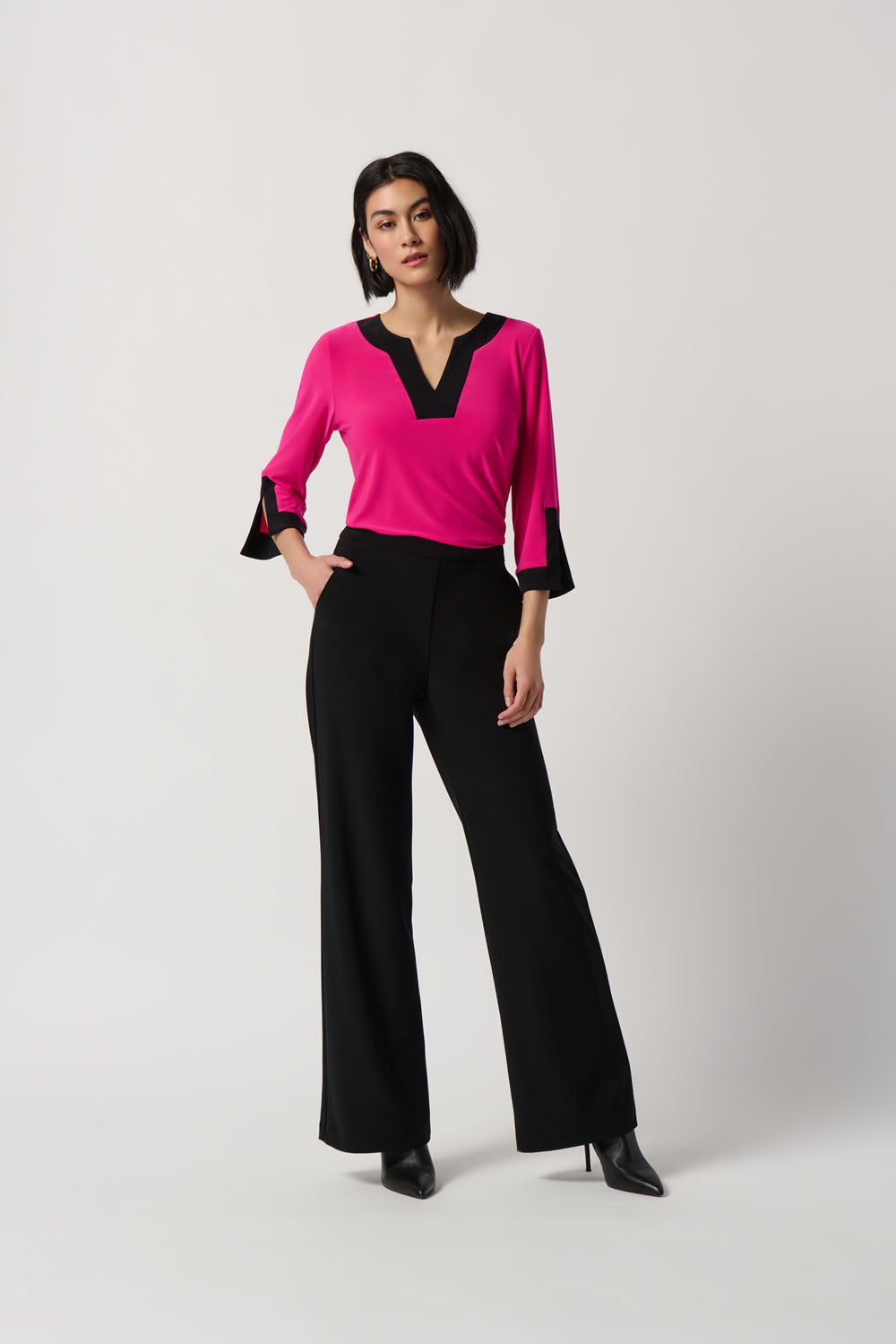 Joseph Ribkoff Shocking Pink/Black Color-Block Slit Neckline Top Style 234083