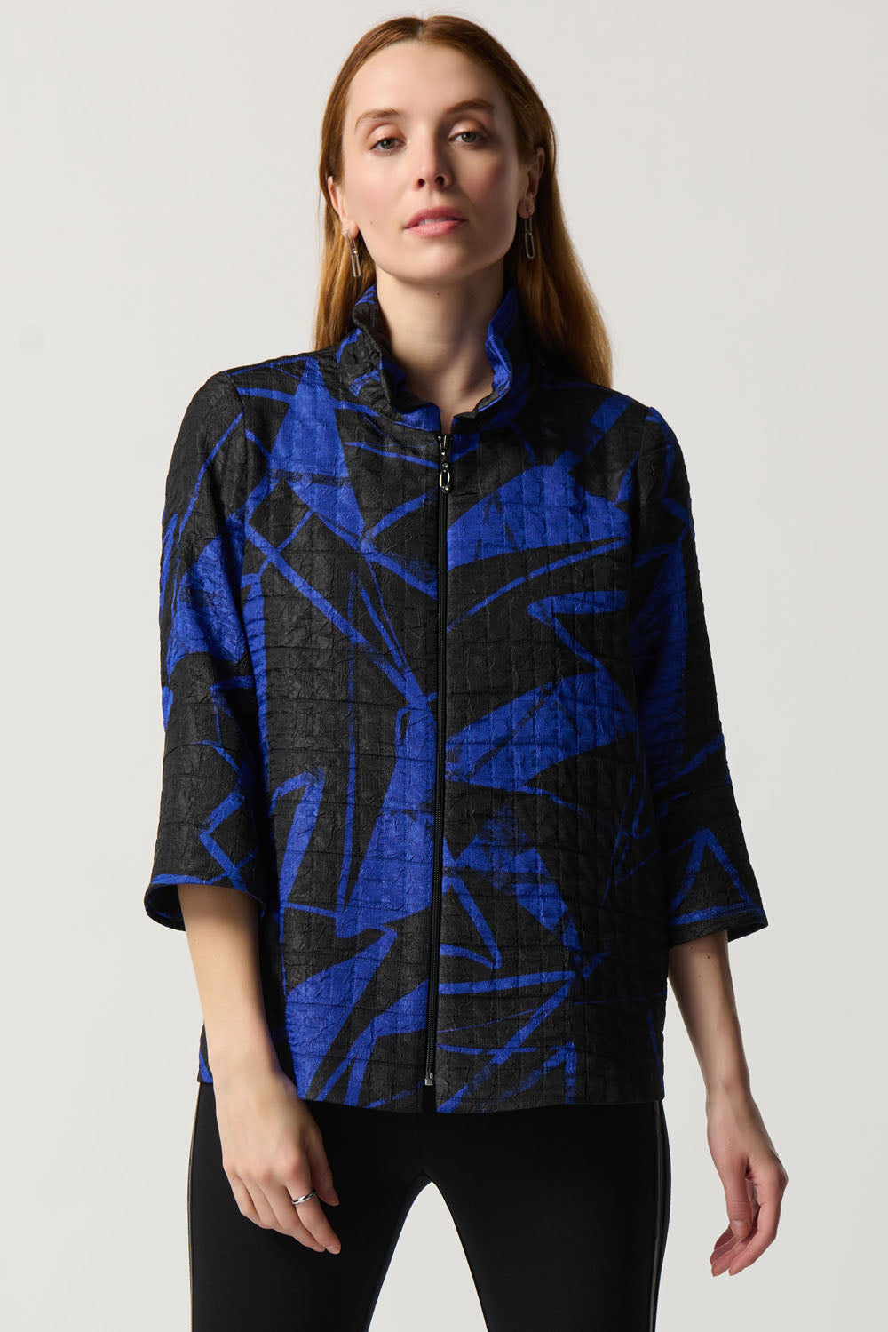 Joseph Ribkoff Black/Royal Sapphire Geometric Print Jacquard Trapeze Jacket Style 234107