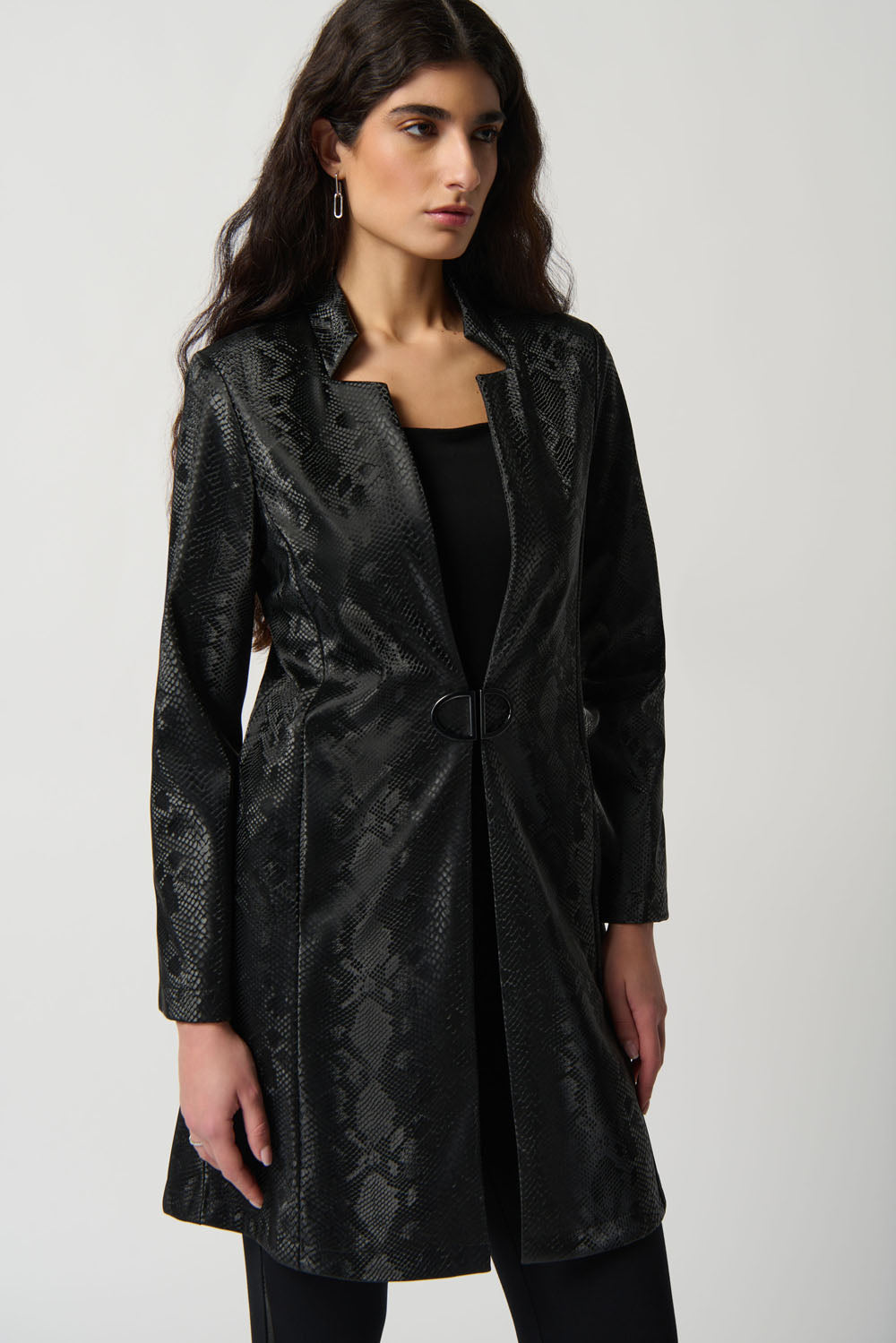 Joseph Ribkoff Black Faux Leather Snake Print A-Line Coat Style 234111