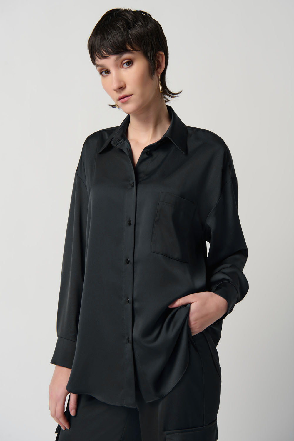 Joseph Ribkoff Black Satin Boxy Button-Down Blouse Style 234115