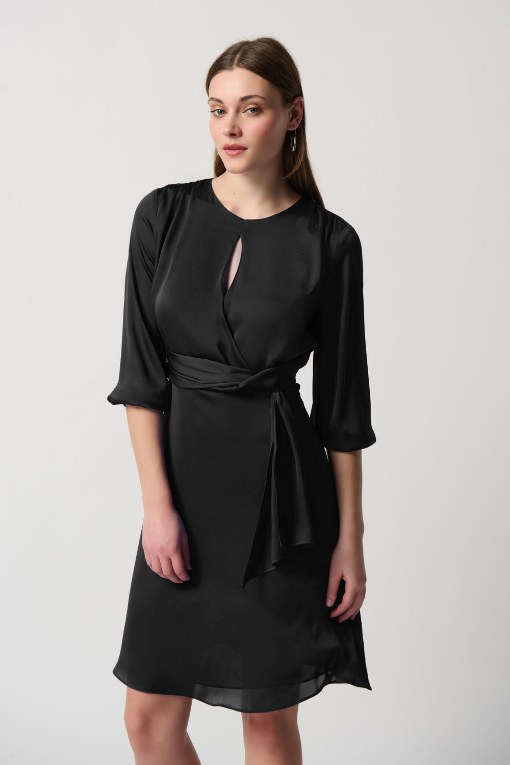 Joseph Ribkoff Black Satin Keyhole Neckline A-Line Dress Style 234127