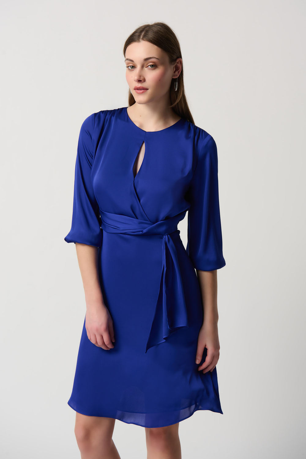 Joseph Ribkoff Royal Sapphire Satin Keyhole Neckline A-Line Dress Style 234127