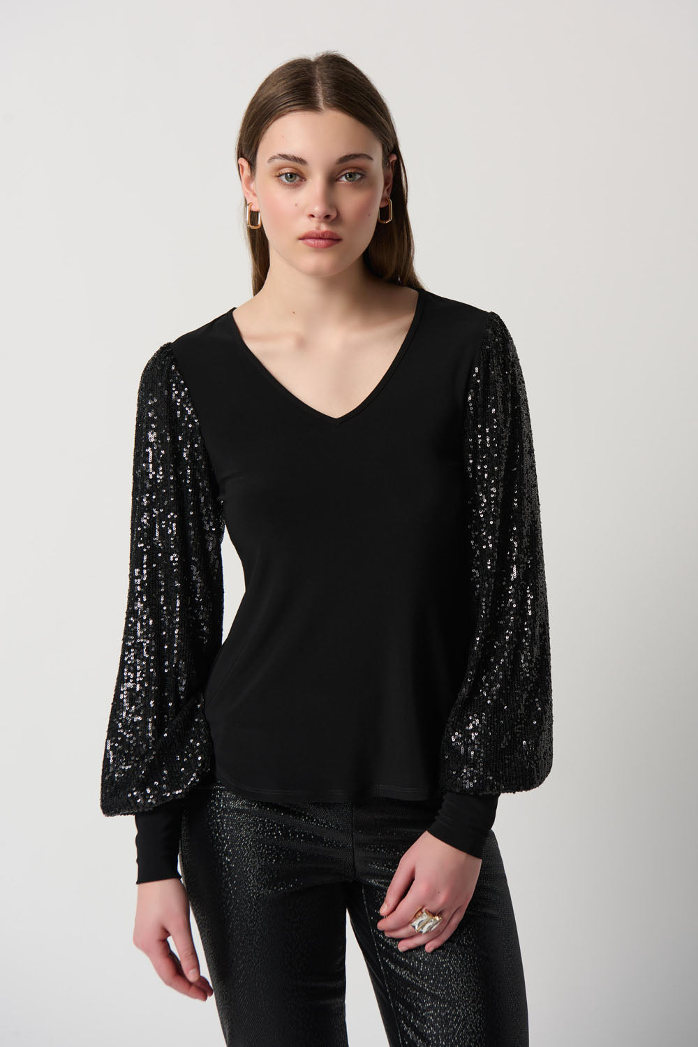 Joseph Ribkoff Black Silky Knit Sequins Puff Sleeve Top Style 234130