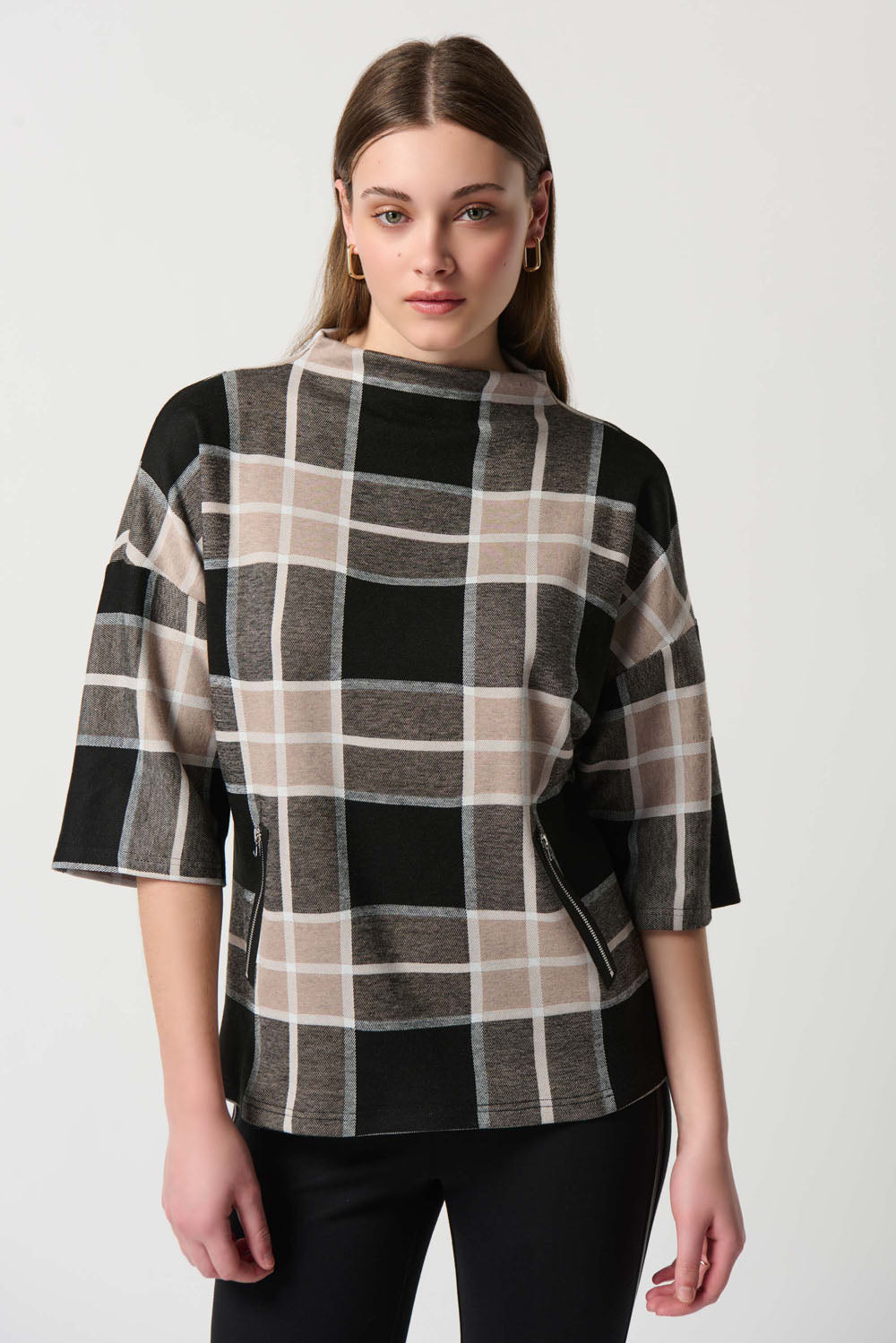 Joseph Ribkoff Black/Multi Plaid Jacquard Knit Mock Neck Top Style 234133