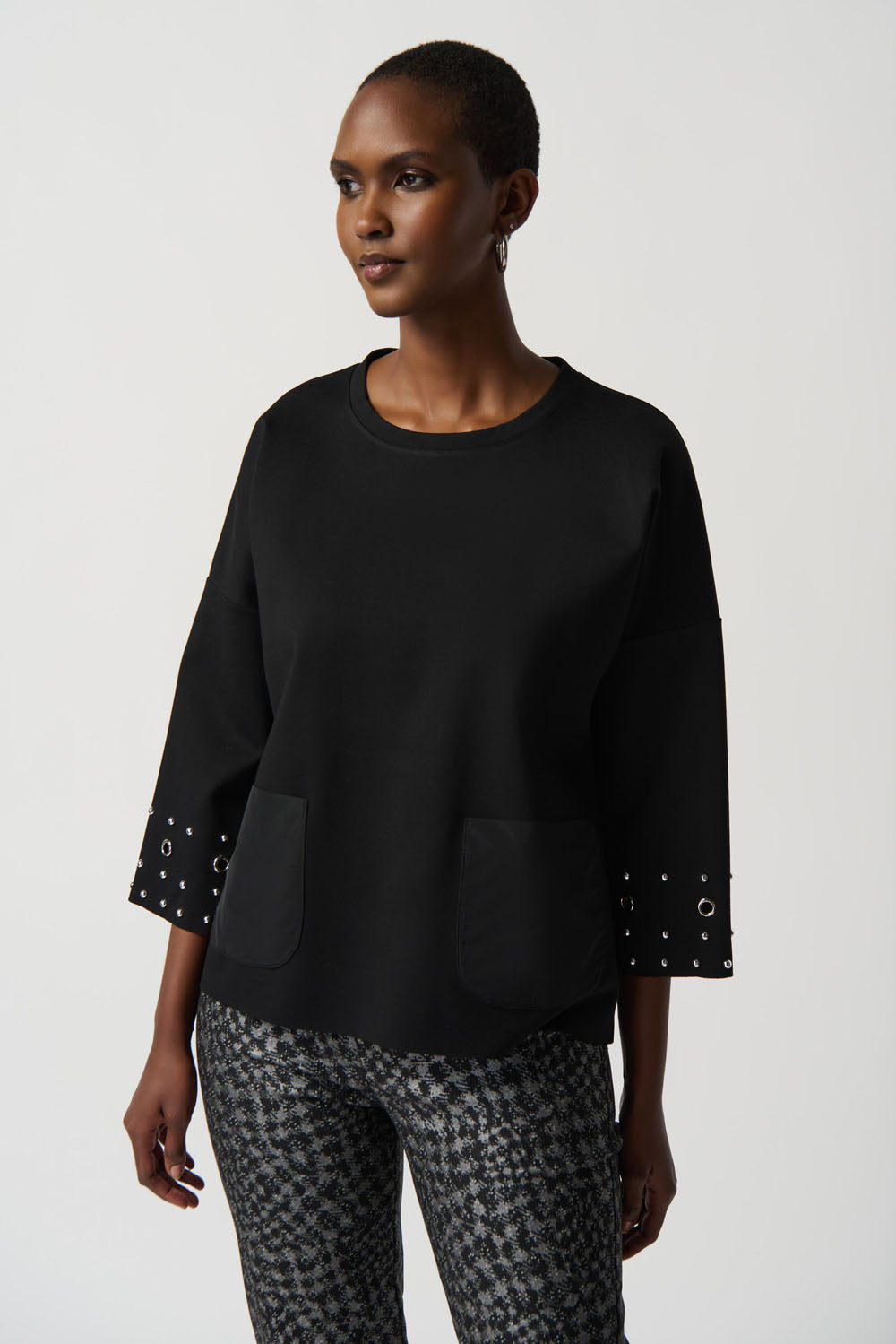 Joseph Ribkoff Black Boxy Top With Eyelet Detail Style 234142