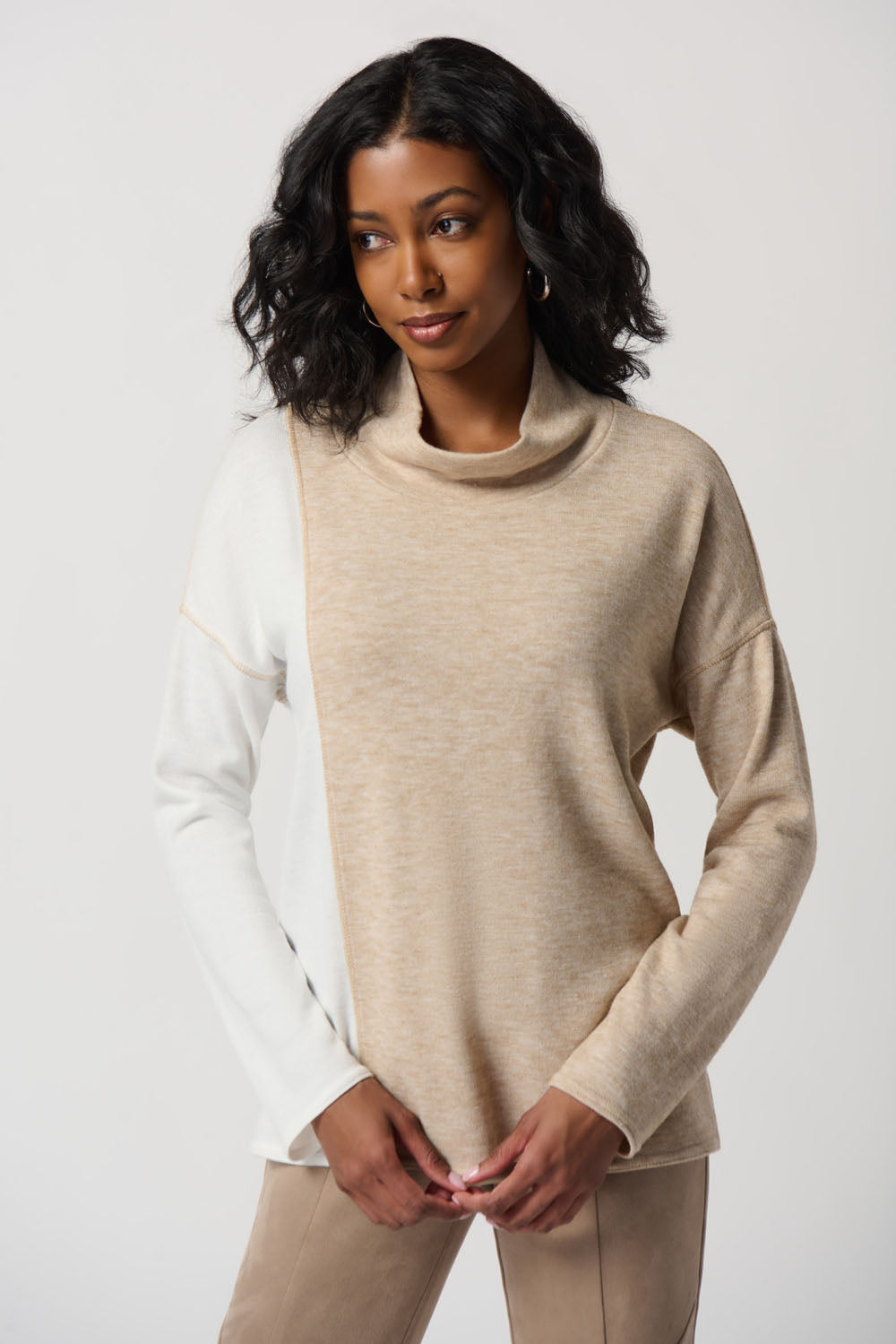 Joseph Ribkoff Beige/Ivory Colour-Block Cowl Neck Sweater Style 234181