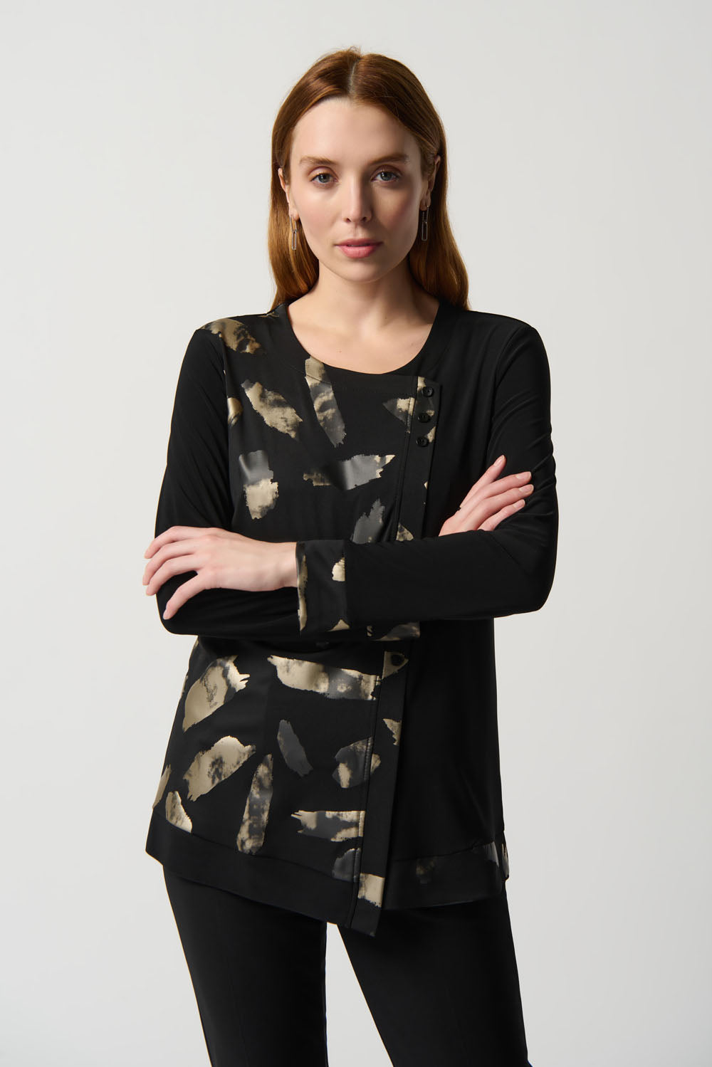 Joseph Ribkoff Black/Gold Abstract Foil Print Asymmetrical Tunic Style 234191