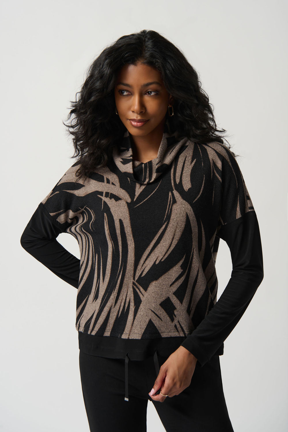 Joseph Ribkoff Black/Latte Abstract Print Cowl Collar Boxy Top Style 234192