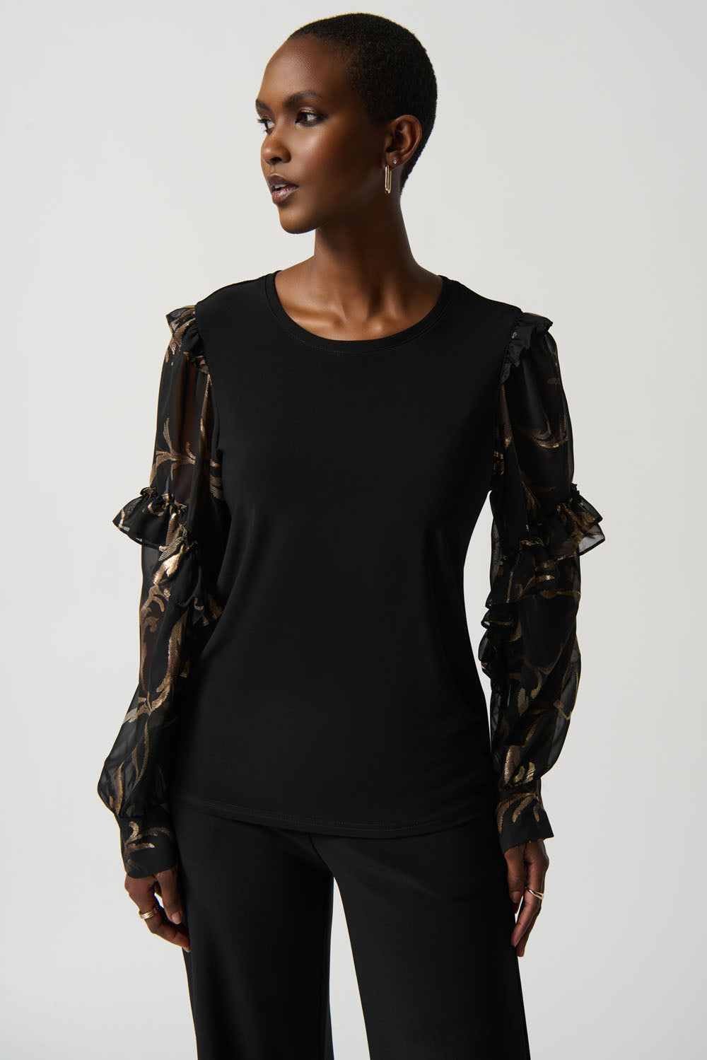 Joseph Ribkoff Black/Multi Silky Knit Top With Printed Chiffon Puff Sleeves Style 234198