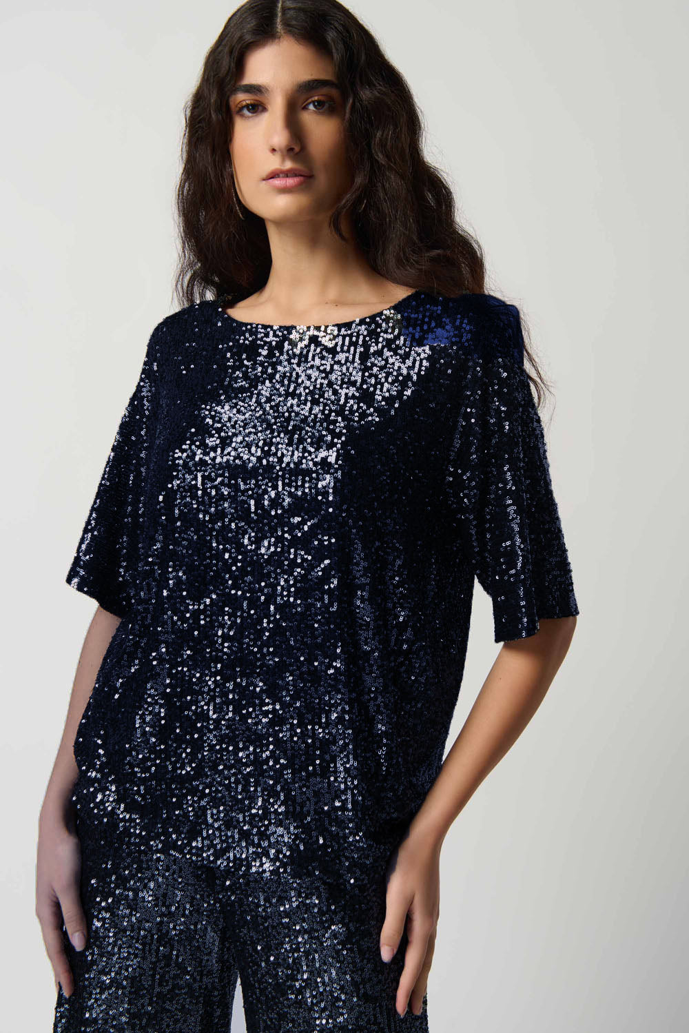 Joseph Ribkoff Midnight Blue Sequin Dolman Sleeve Boxy Top Style 234216