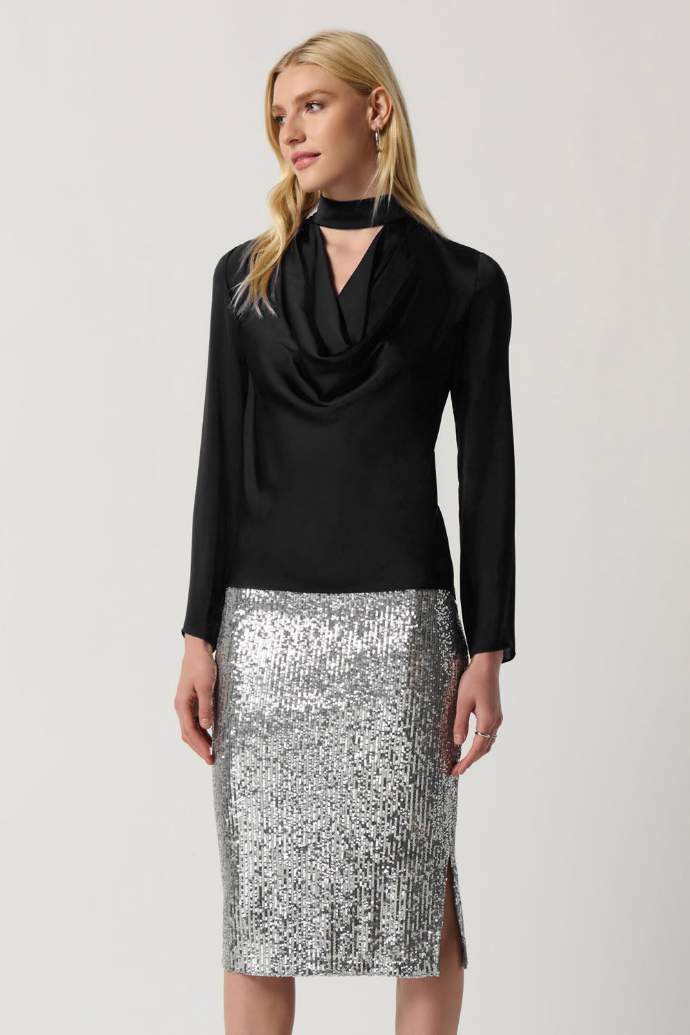 Joseph Ribkoff Black Satin Top With Mock Collar and Cowl Neckline Style 