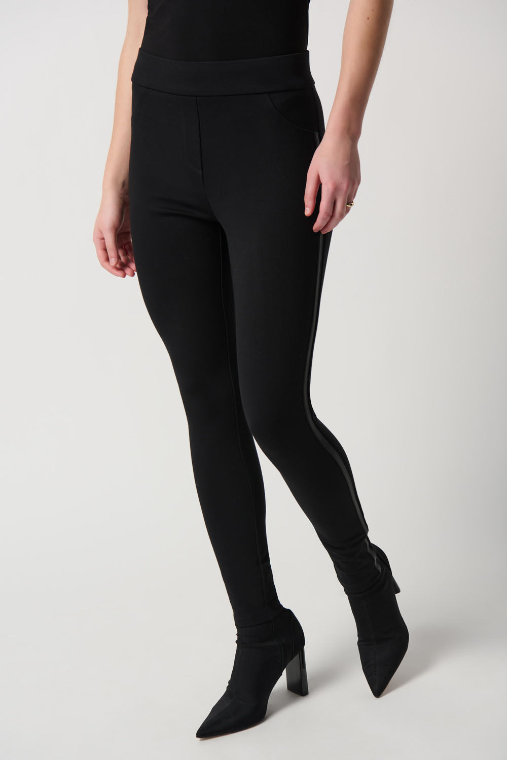 Joseph Ribkoff Black Heavy Knit Leggings With Faux Leather Detail Style 234236