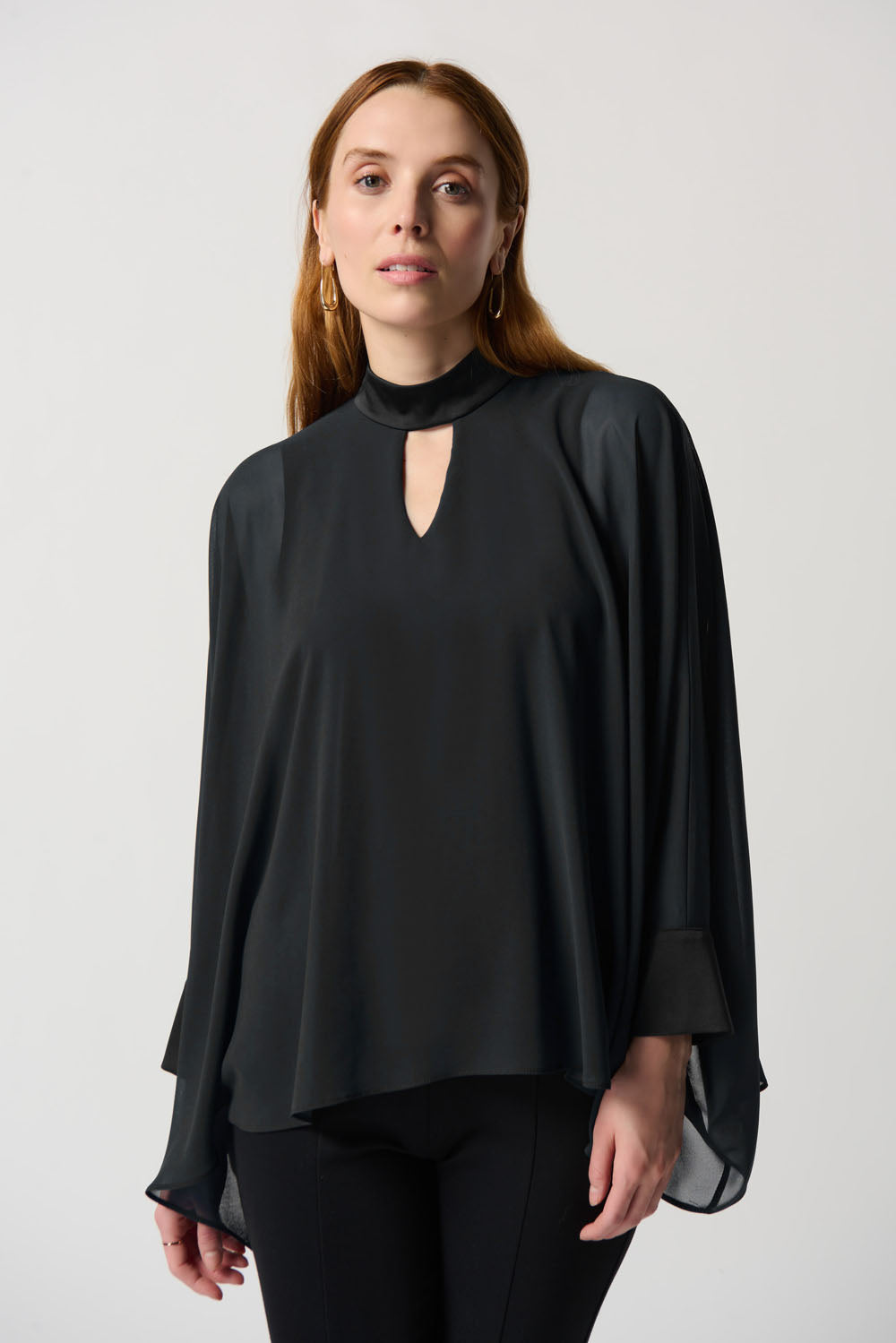 Joseph Ribkoff Black Chiffon Poncho Top With Mock Neck Collar Style 234245