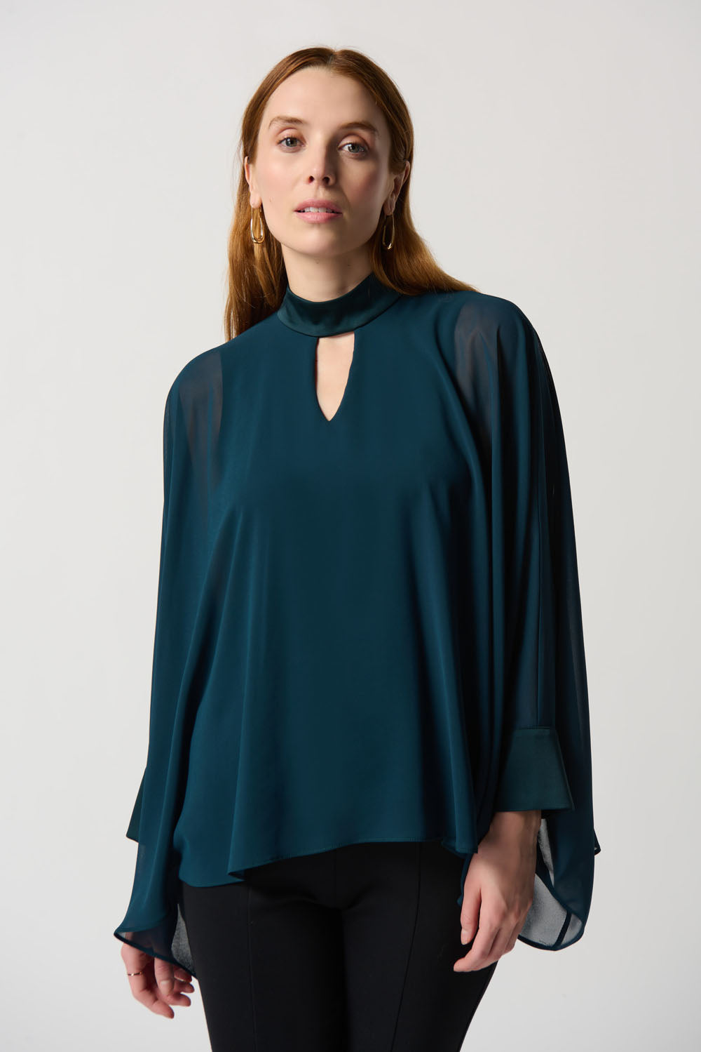 Joseph Ribkoff Alpine Green Chiffon Poncho Top With Mock Neck Collar Style 234245