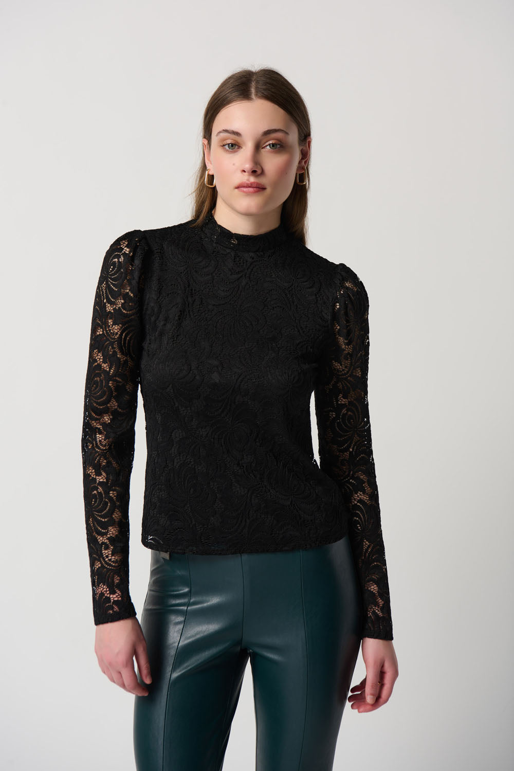 Joseph Ribkoff Black Lace Fitted Top With Long Puff Sleeves Style 234253