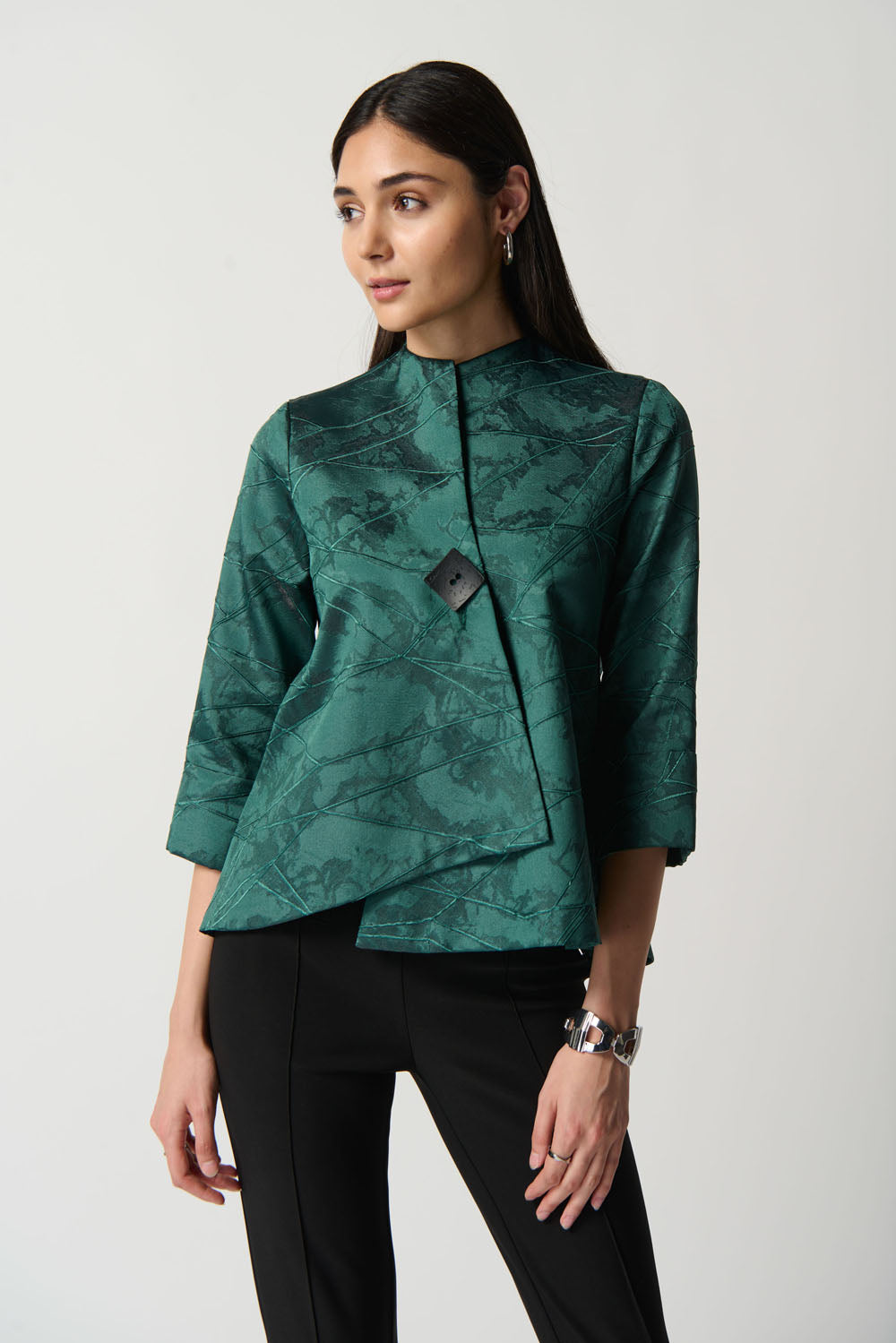 Joseph Ribkoff Green Textured Woven Jacquard Swing Jacket Style 234273