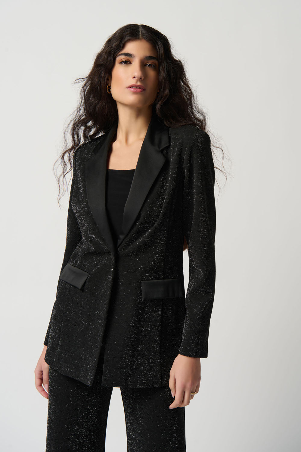 Joseph Ribkoff Black Metallic Knit Blazer With Satin Lapel Style 234275