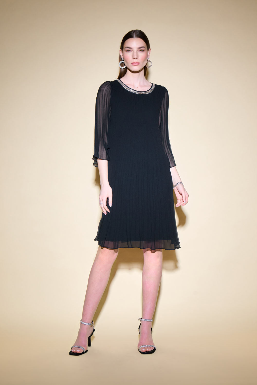 Joseph Ribkoff Black Pleated Chiffon Trapeze Dress Style 234700