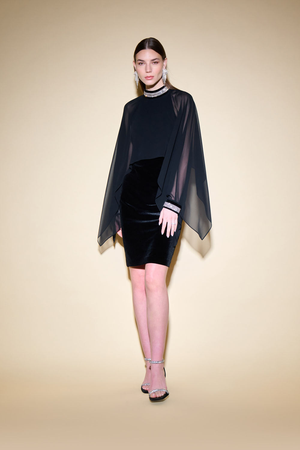 Joseph Ribkoff Black Velvet And Chiffon Dress With Cape And Rhinestone Collar Style 234706