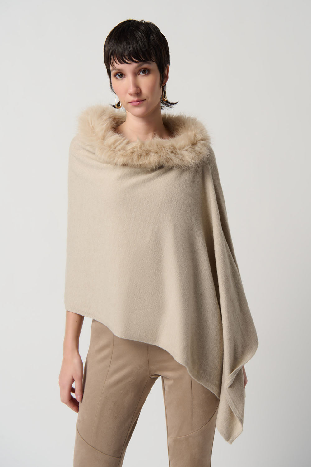 Joseph Ribkoff Alabaster Sweater Knit Poncho With Faux Fur Crewneck Style 234907