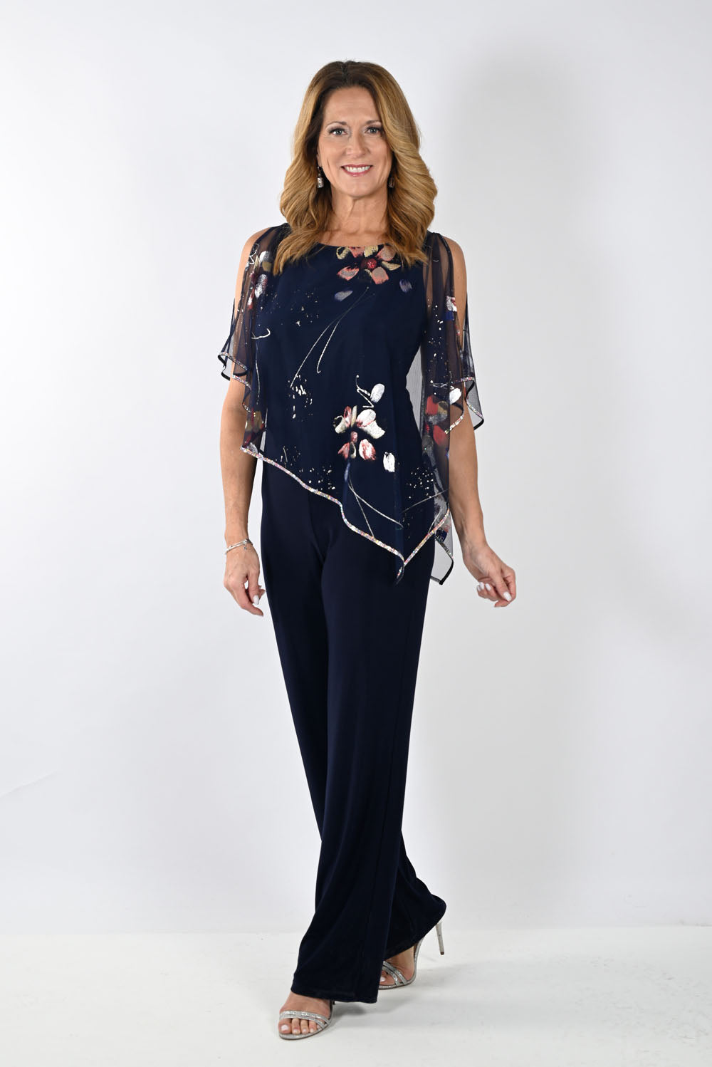 Frank Lyman Midnight Blue/Coral Jumpsuit with Chiffon Overlay Style 239012