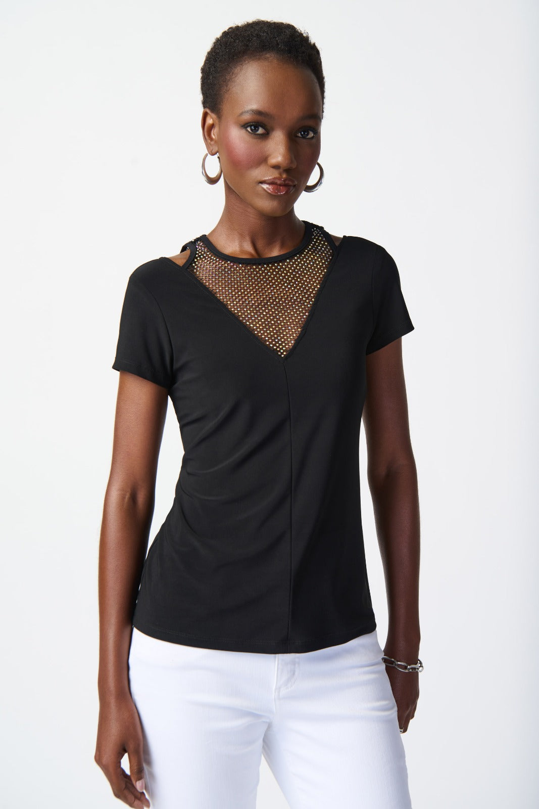 Joseph Ribkoff Black Top with Rhinestone Mesh Style 241017