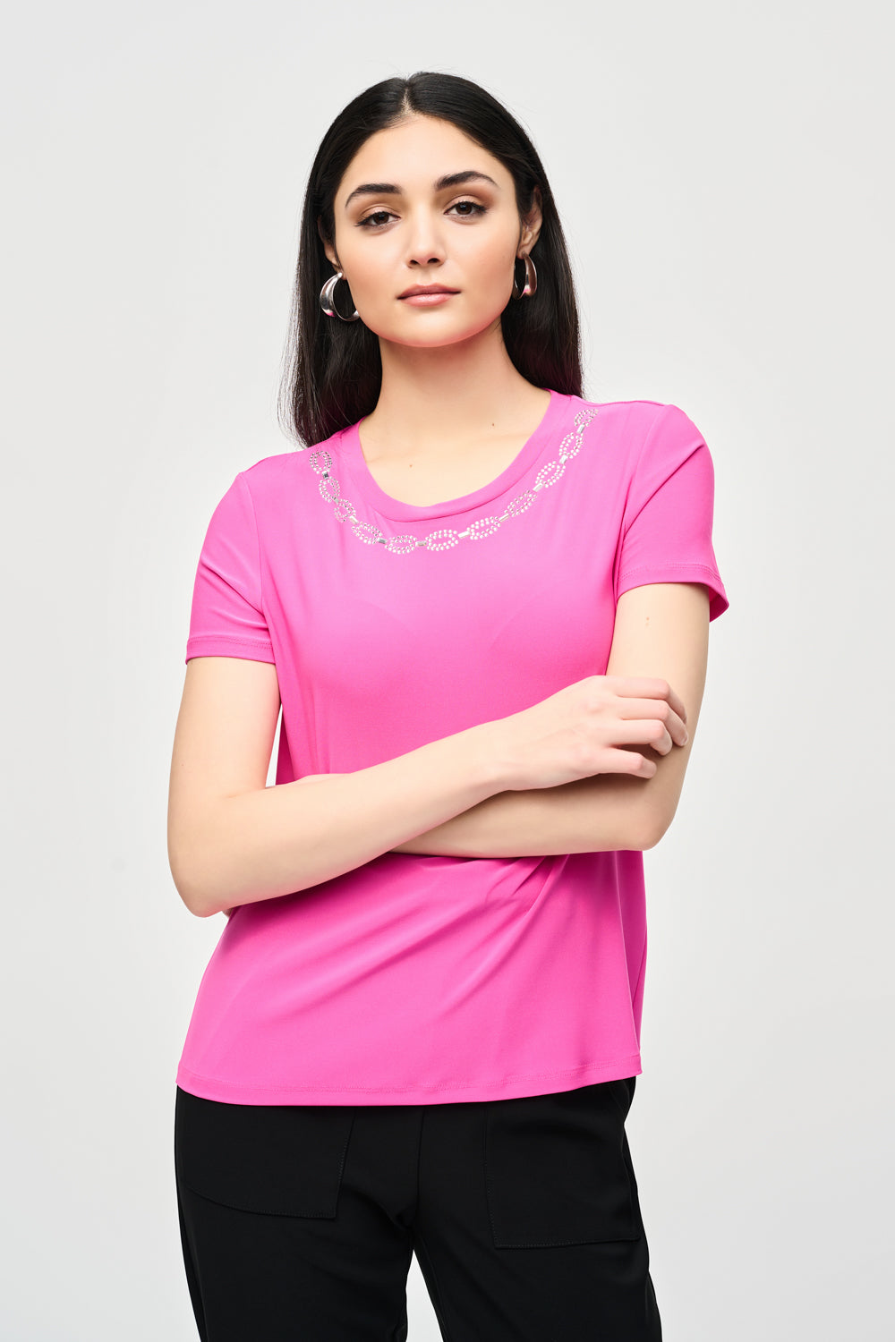 Joseph Ribkoff Ultra Pink Top with Rhinestone Neckline Style 241019