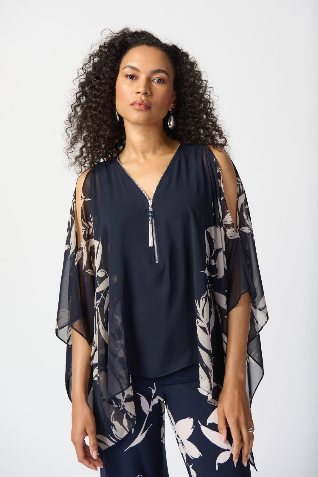 Joseph Ribkoff Midnight Blue/Beige Floral Print Chiffon Poncho Style 241060