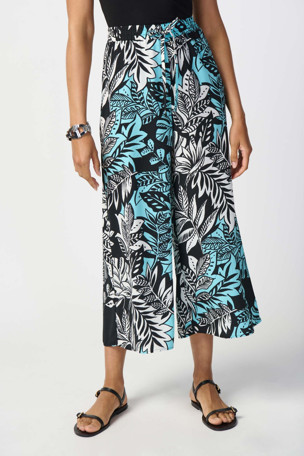 Joseph Ribkoff Black/Multi Tropical Print Gauze Culotte Pants Style 241067