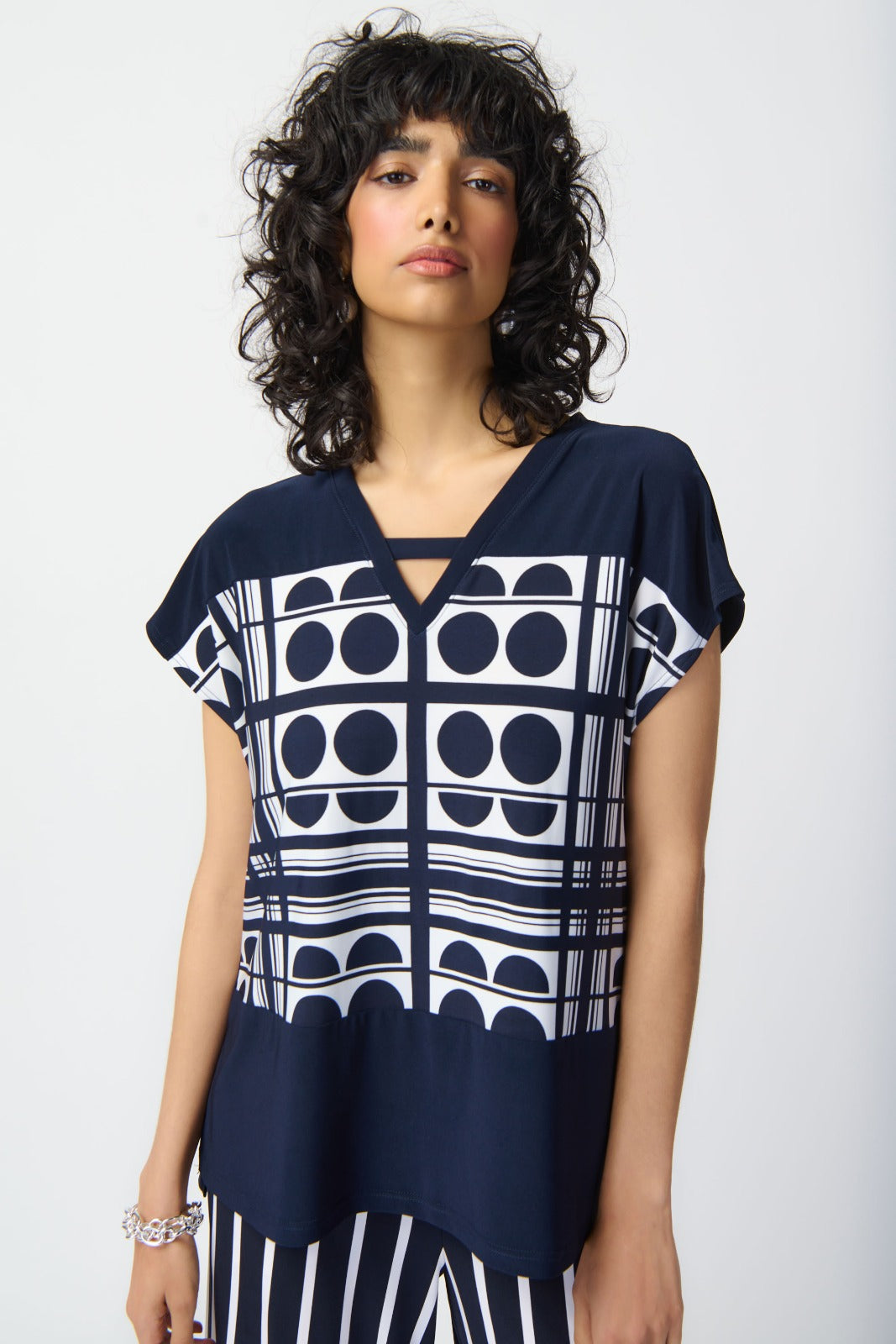 Joseph Ribkoff Vanilla/Midnight Blue Geometric Print Top Style 24117