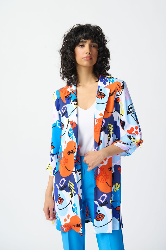 Joseph Ribkoff Vanilla/Multi Face Print Open Front Woven Blazer