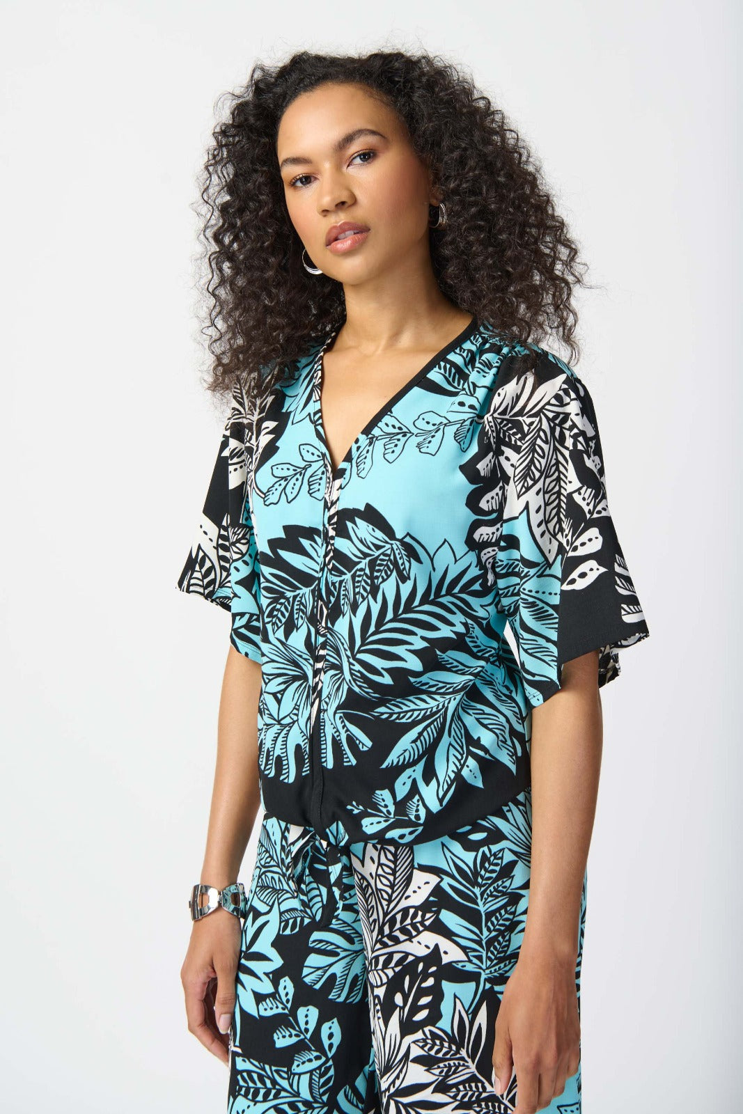 Joseph Ribkoff Tropical Print Gauze Front Tie Top Style 241219