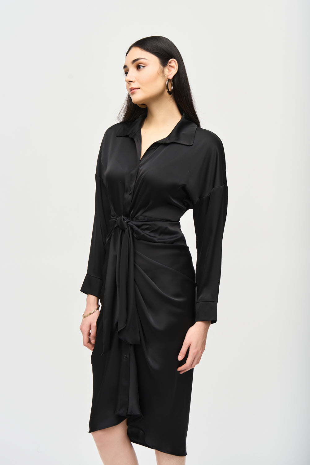 Joseph Ribkoff Black Satin Shirt Dress Style 241236 Joseph Ribkoff Black Satin Shirt Dress Style 241236