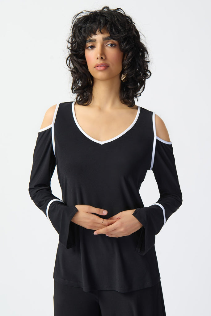 Joseph Ribkoff Black/Vanilla Cold Shoulder Straight Top Style