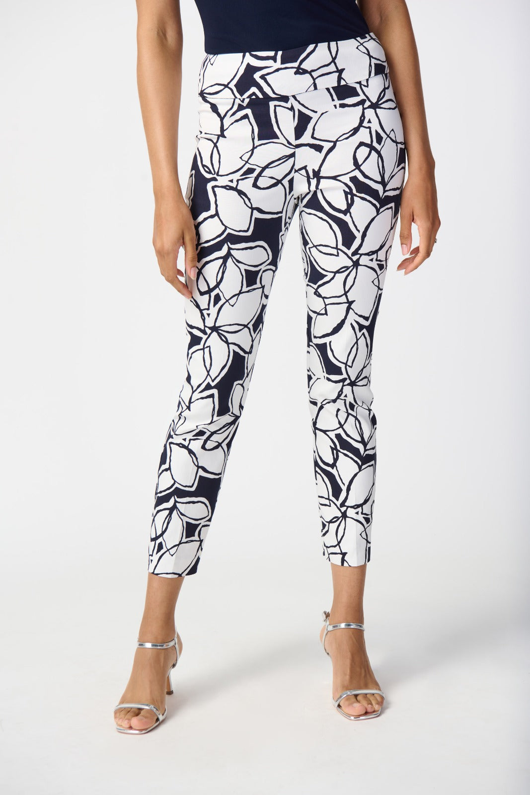 Joseph Ribkoff Midnight Blue/Vanilla Leaf Print Pull-On Pants Style 241270