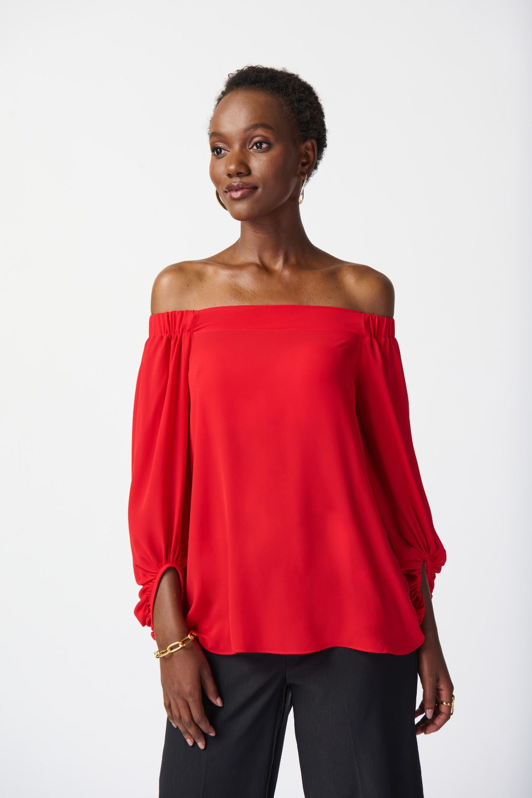 Joseph Ribkoff Radiant Red Off-Shoulder Flared Top Style 241304