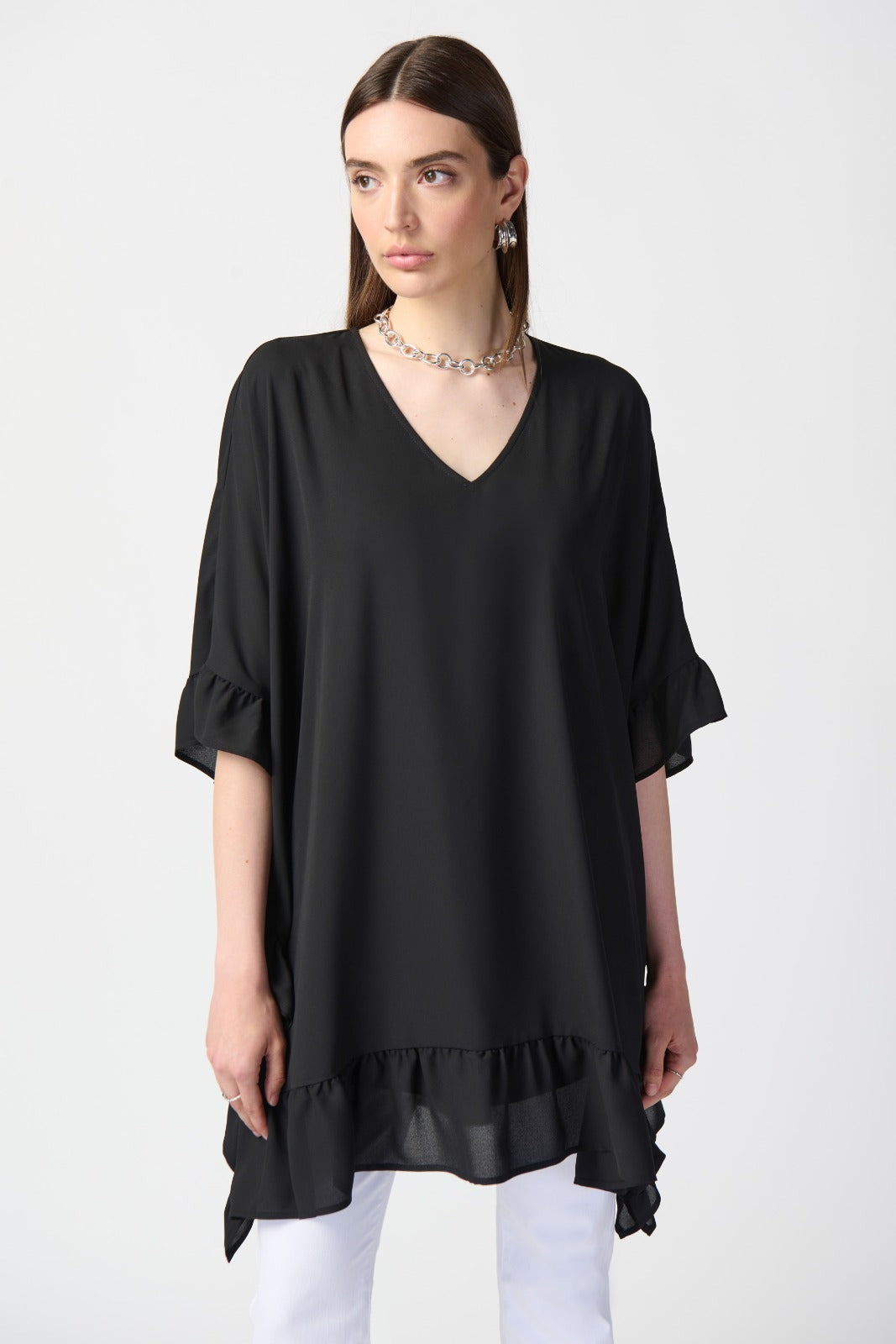 Joseph Ribkoff Black Georgette Ruffled Poncho Tunic Style 241311