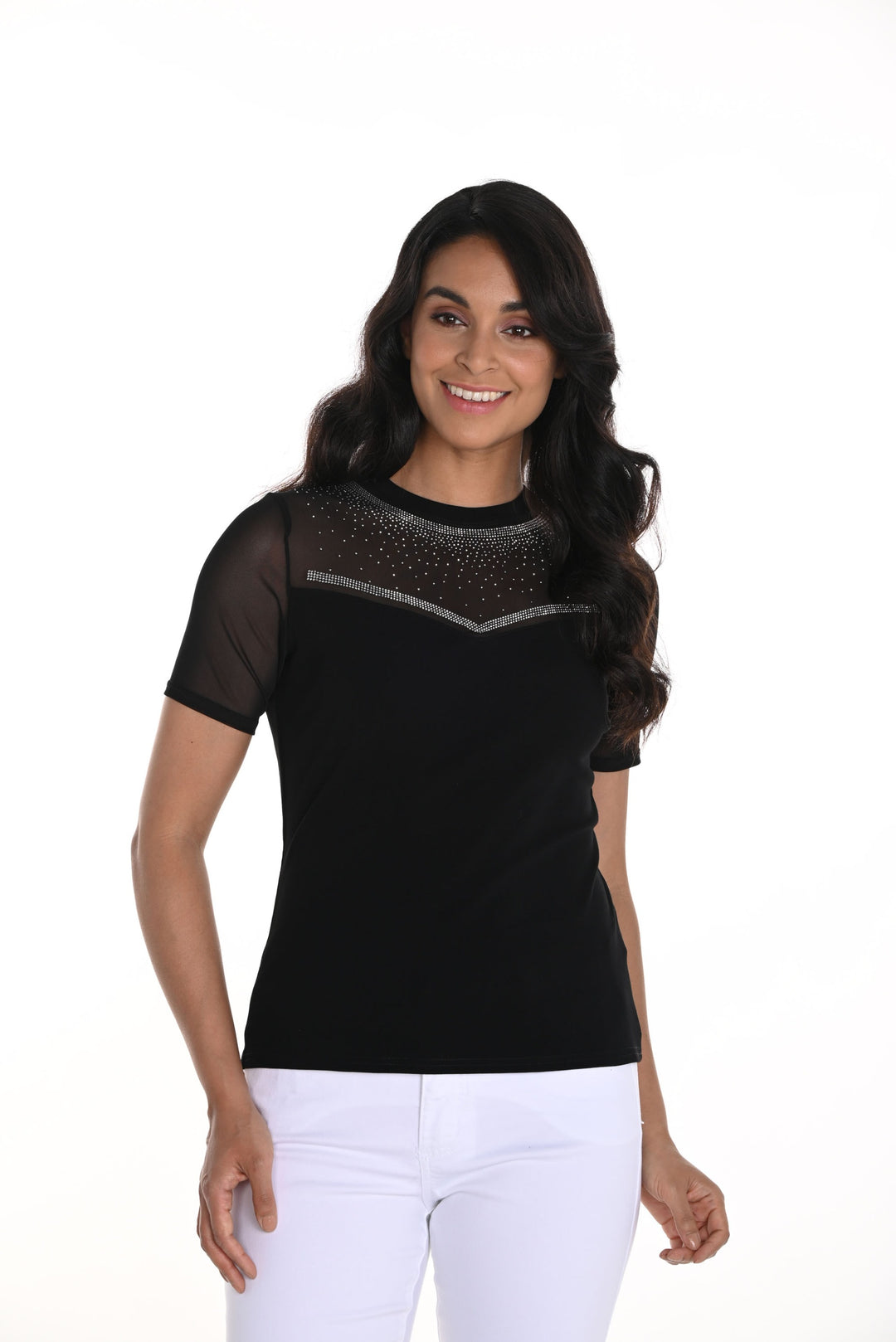 Frank Lyman Black Mesh Top With Rhinestones Style 241311U