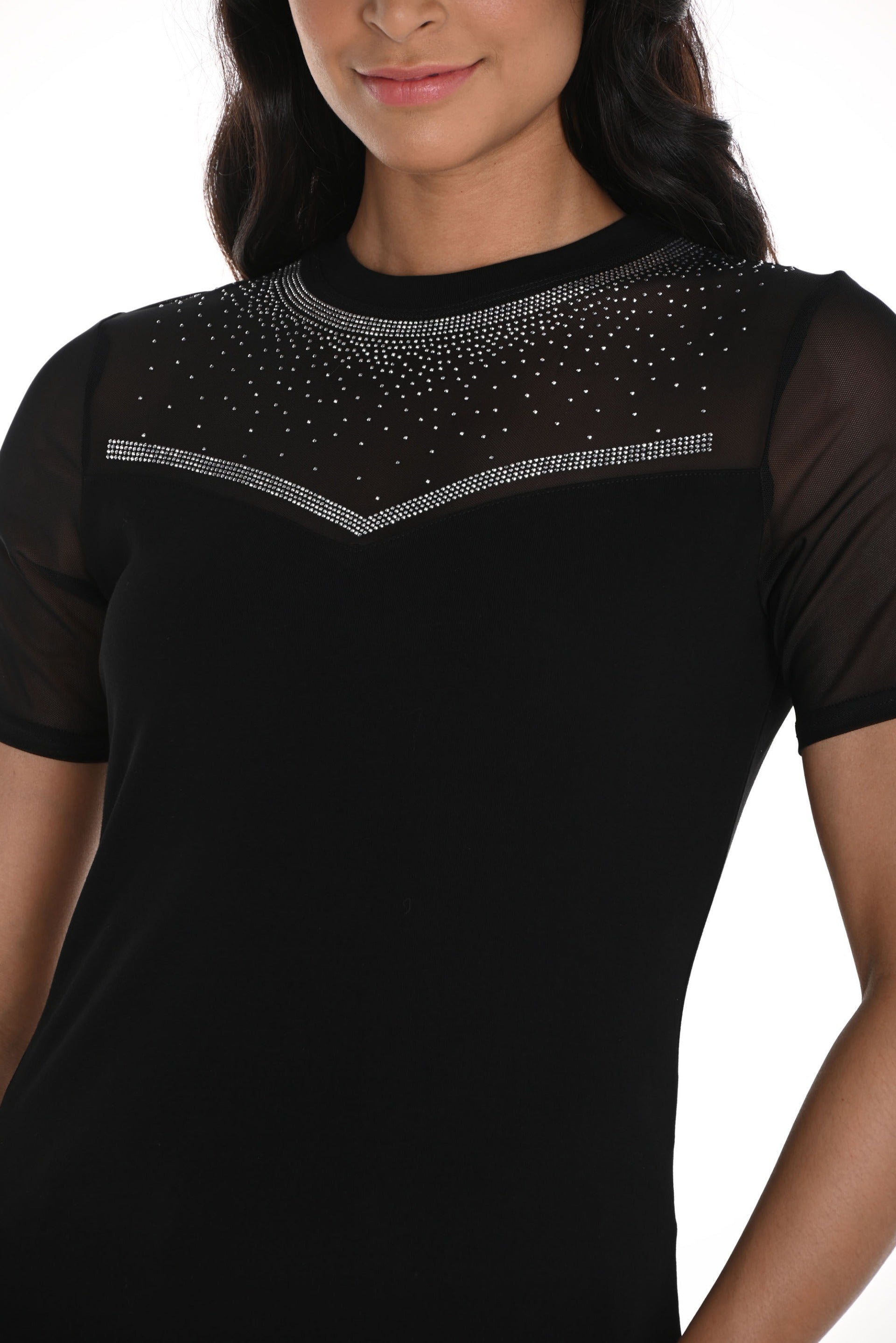 Mesh Graphic Rhinestone Top Frank Lyman Black Mesh Top With Rhinestones Style 241311U – DECABANA