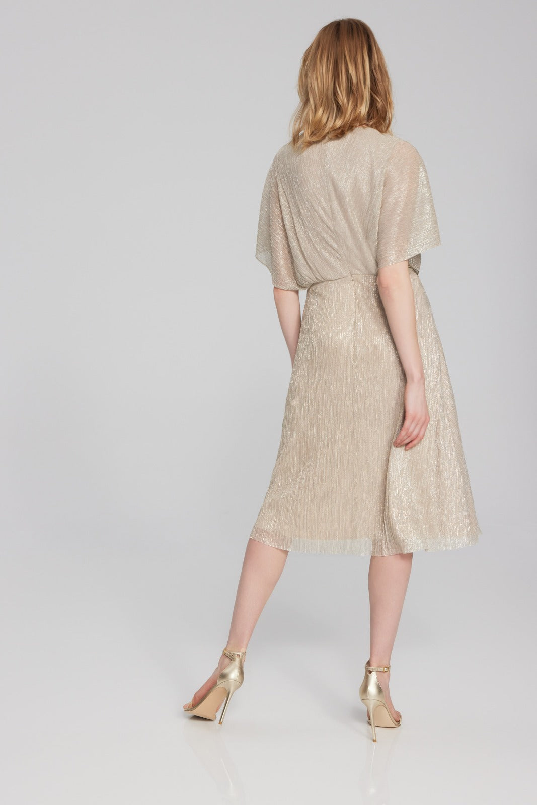 Joseph Ribkoff Champagne/Gold Pleated Fit-and-Flare Dress Style 241714 DECABANA Joseph Ribkoff Champagne/Gold Pleated Fit-and-Flare Dress Style 241714 DECABANA