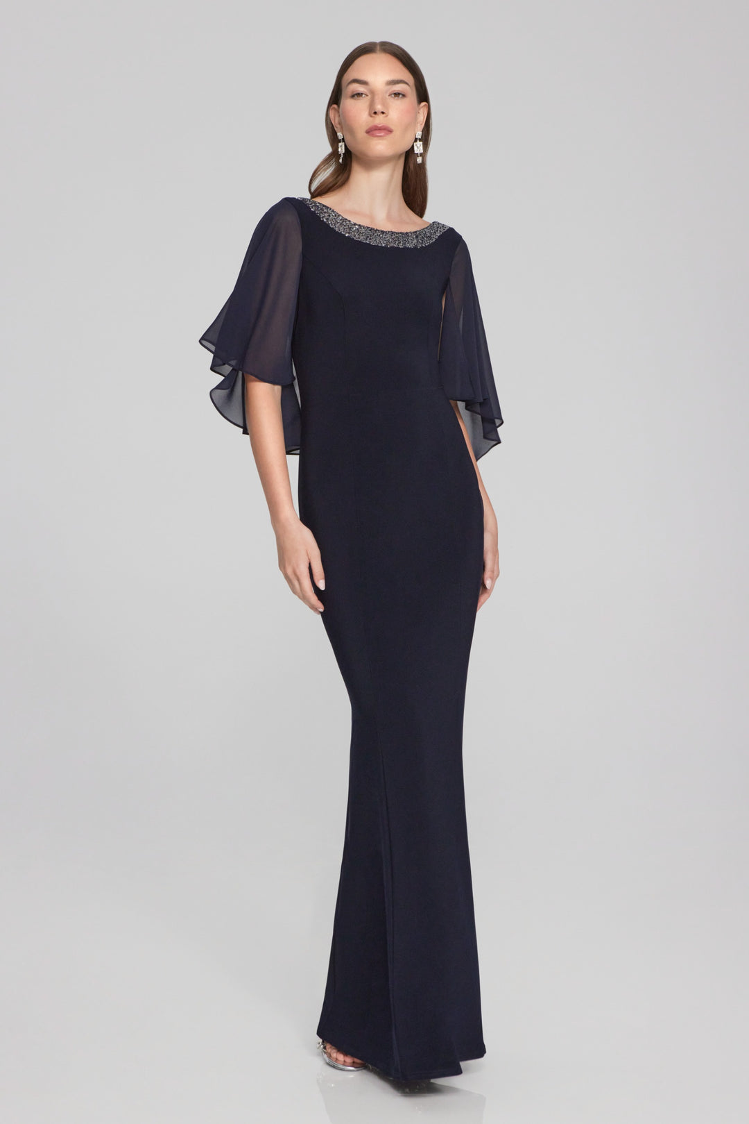 Joseph Ribkoff Midnight Blue Silky Knit and Chiffon Trumpet Gown Style 241717