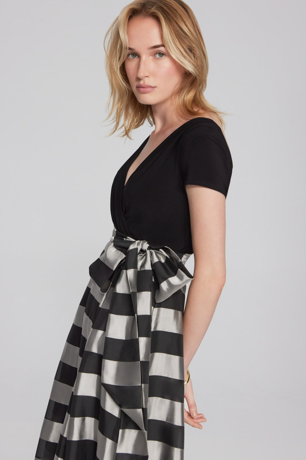 Joseph Ribkoff Black/Silver Striped Organza Fit-and-Flare Dress Style 241748 Joseph Ribkoff Black/Silver Striped Organza Fit-and-Flare Dress Style 241748