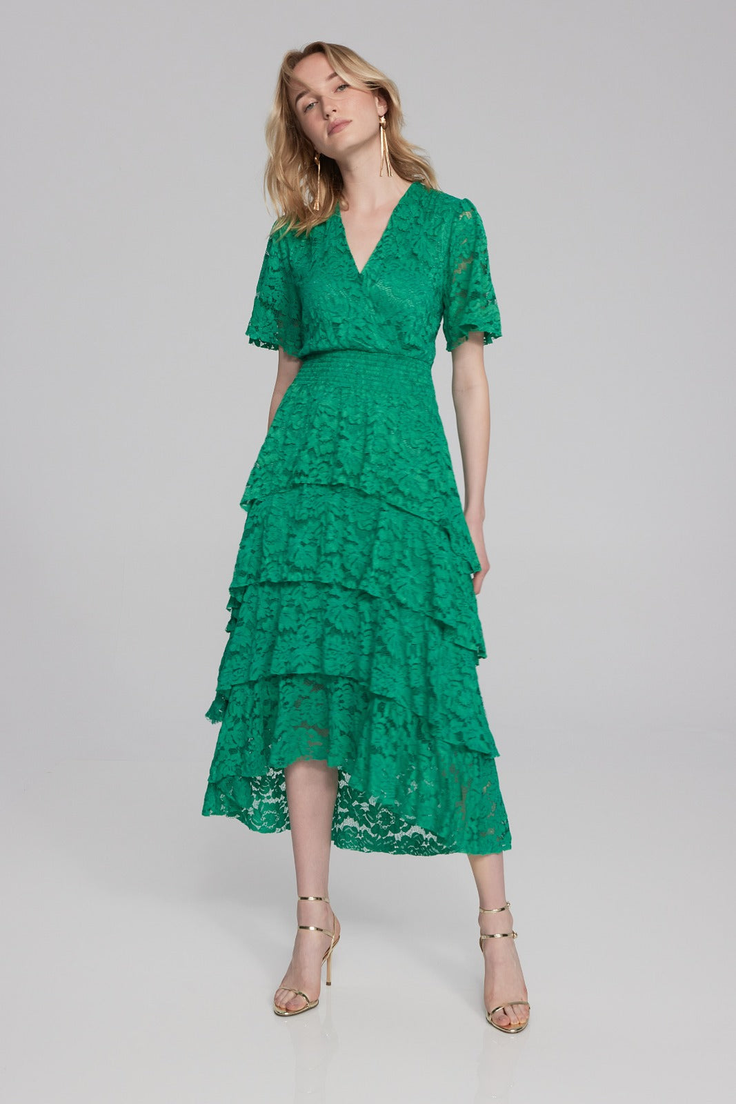 Joseph Ribkoff Noble Green Lace Ruffled A-Line Dress Style 241759