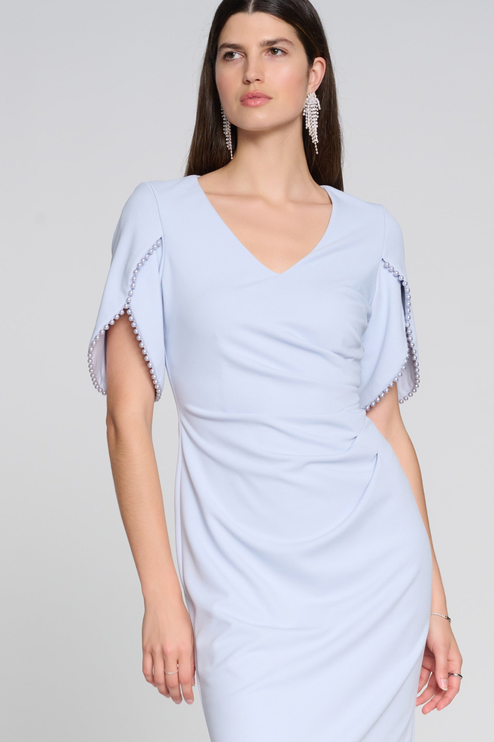 Joseph Ribkoff Celestial Blue Sheath Dress with Pearl Detail Style 241 DECABANA Joseph Ribkoff Celestial Blue Sheath Dress with Pearl Detail Style 241 DECABANA